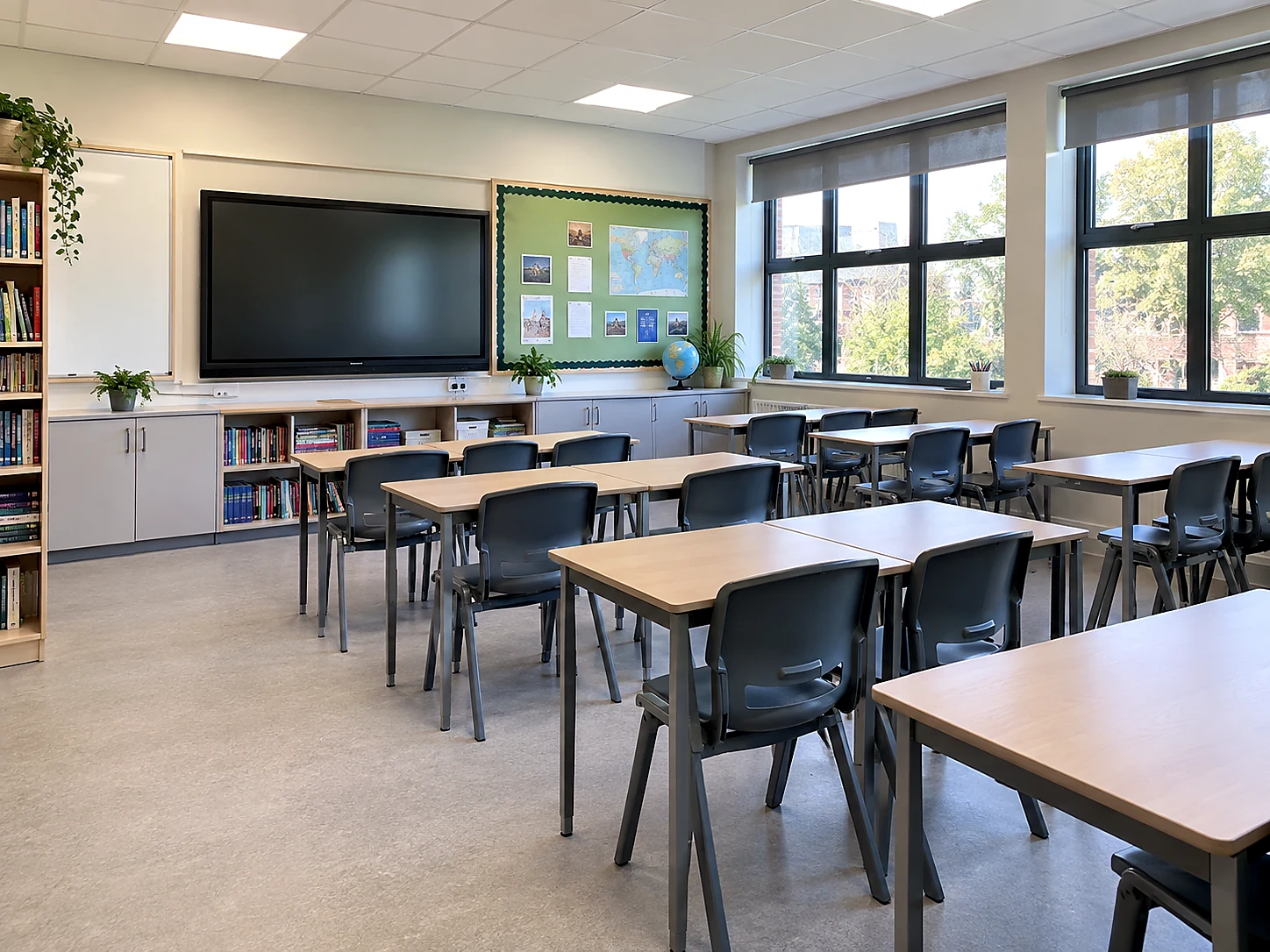 Refurbished London classroom with new flooring and fitted teaching wall