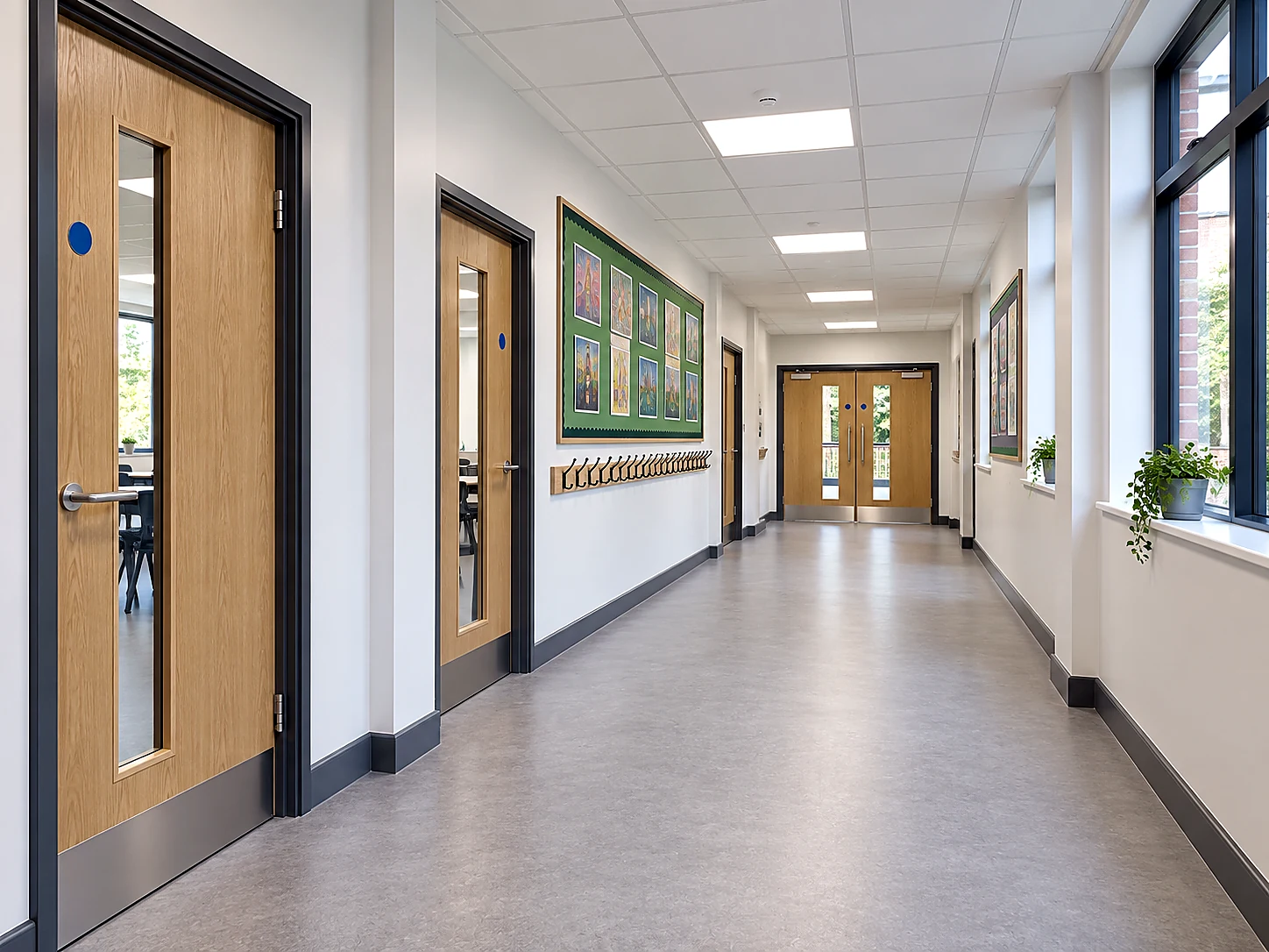 Refurbished school corridor with new fire doors and durable flooring