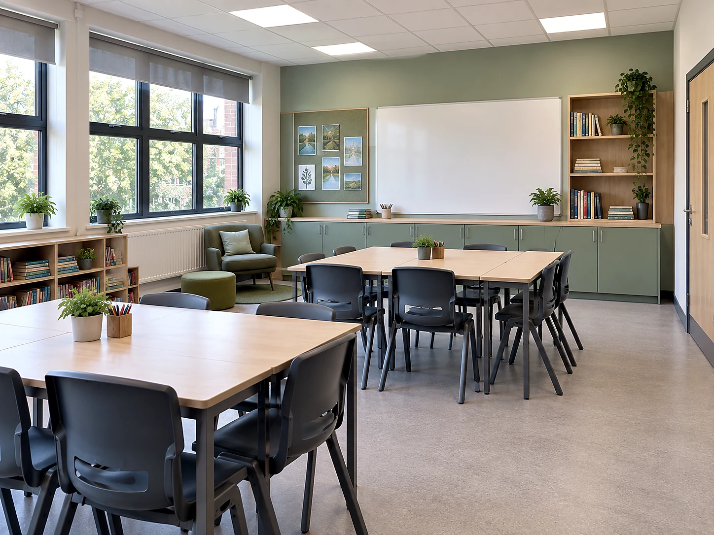 Refurbished classroom with group tables, storage and new finishes