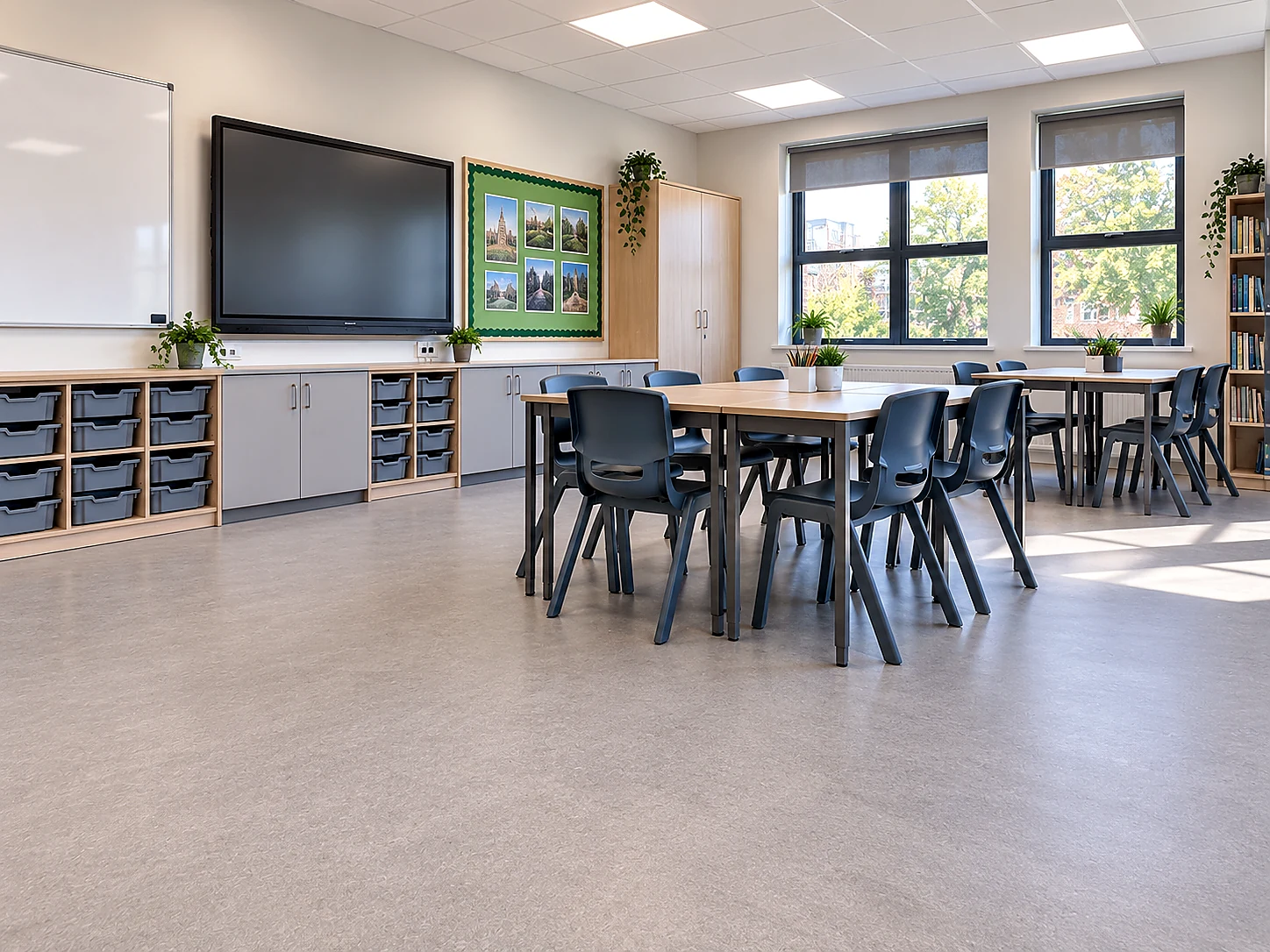 Completed classroom showing newly installed flooring and modern teaching environment