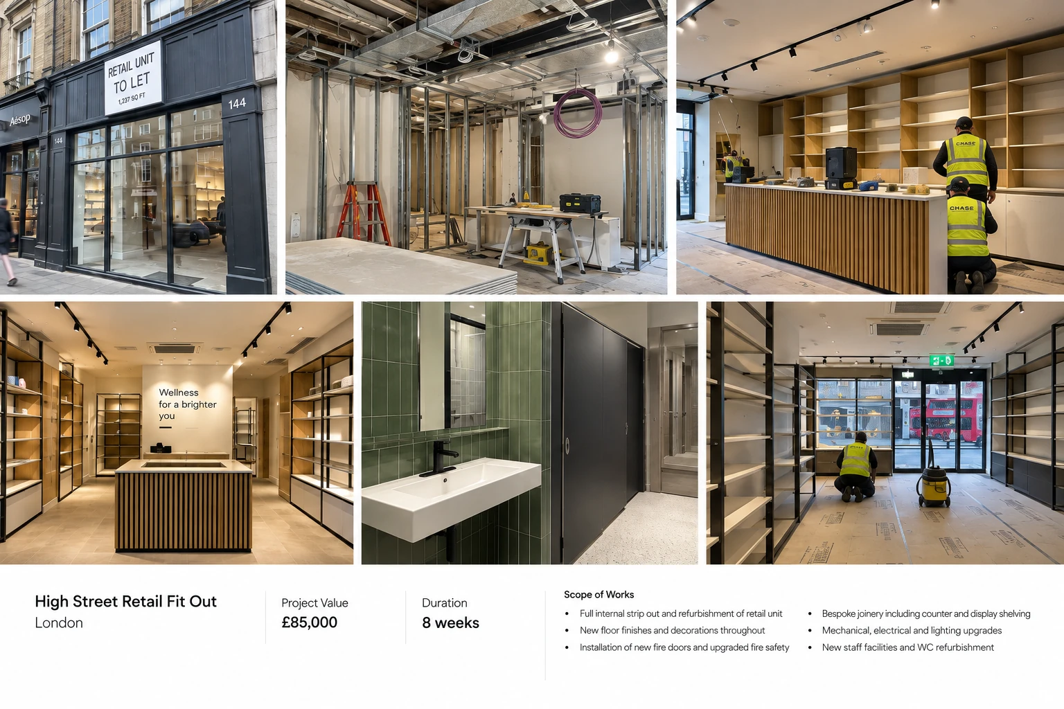 London high street retail fit-out case study showing progress and completed works
