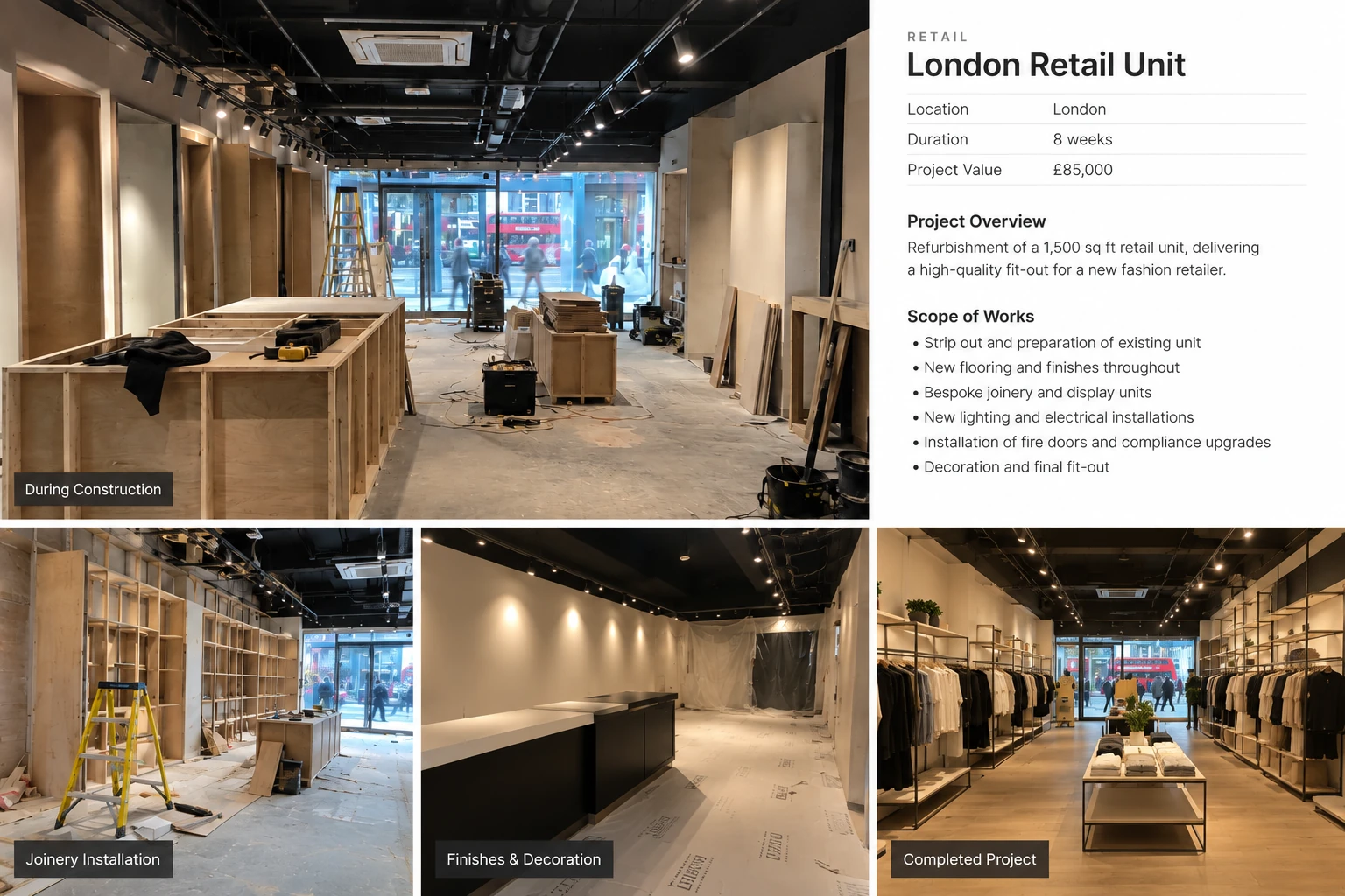 London retail refurbishment case study showing construction stages and completed store