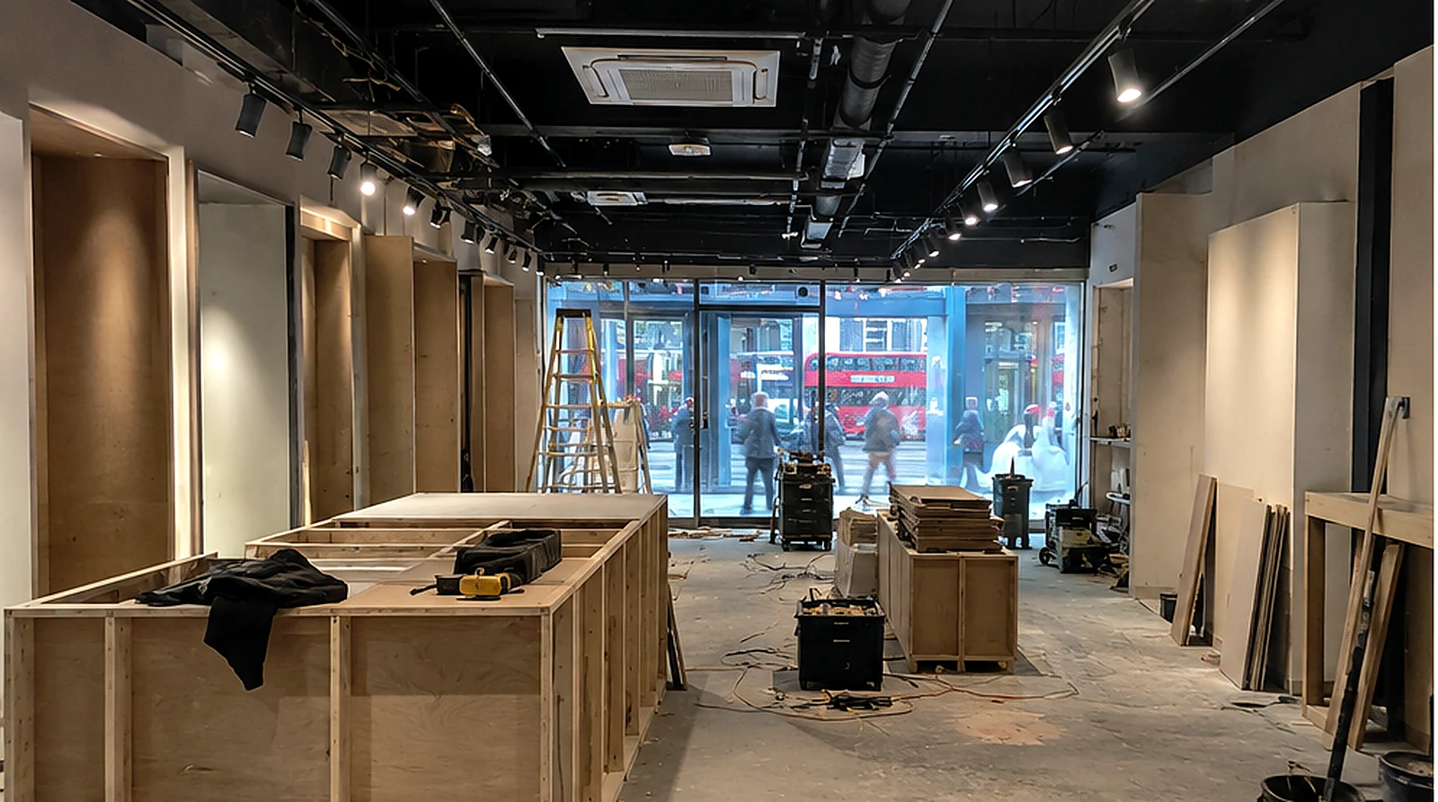 Retail fit-out in progress with bespoke joinery and site protection